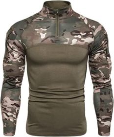 Men's Casual Camouflage T-Shirts Splicing Craft Slim Fit Shirts Zipper Neckline Long Sleeve T-Shirts - Green-XXL