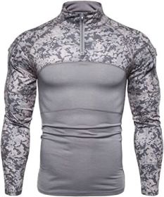 Men's Casual Camouflage T-Shirts Splicing Craft Slim Fit Shirts Zipper Neckline Long Sleeve T-Shirts - Gray-L