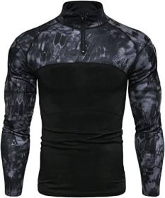 Men's Casual Camouflage T-Shirts Splicing Craft Slim Fit Shirts Zipper Neckline Long Sleeve T-Shirts - Black-L