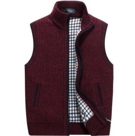 Men's Full-Zip Knitted Cardigan Sweaters Vest Jacket with Pockets - Red - L