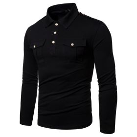 Men Polo Shirts Long Sleeve Slim Fit Breathable Shirts With Pockets - Black - S