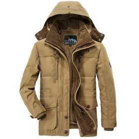 Solid Color Mens Parkas Jackets Hooded Thick Fleece Military Coat Fur Collar Warm Windbreaker Casual Outdoor Parka Overcoat Men - XXXXL - WISH601Khaki