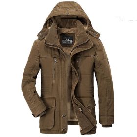 Solid Color Mens Parkas Jackets Hooded Thick Fleece Military Coat Fur Collar Warm Windbreaker Casual Outdoor Parka Overcoat Men - XL - WISH601Coffee