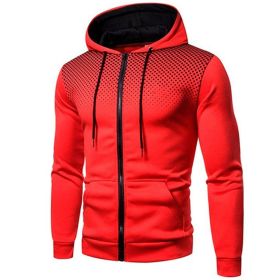 Men's polka dot zipper hoodie sweater Autumn and winter plush warm hoodie hoodie sweatshirt - Red - XXXL