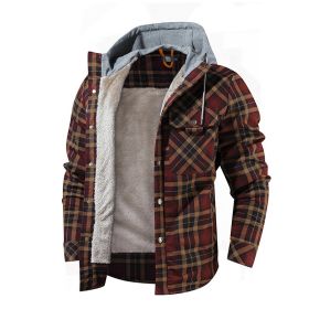 Men Warm Jacket Fleece Lining Lumberjack Plaid Hooded Jackets Snap Button - Coffee - USA XXL