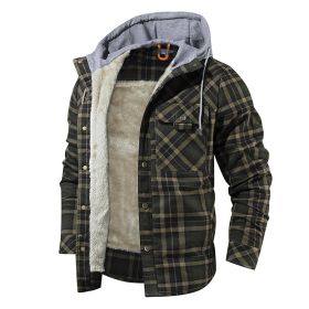 Men Warm Jacket Fleece Lining Lumberjack Plaid Hooded Jackets Snap Button - Green - USA M
