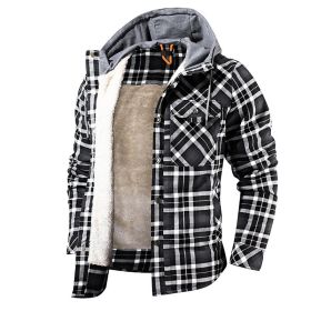 Men Warm Jacket Fleece Lining Lumberjack Plaid Hooded Jackets Snap Button - Black - USA XXL