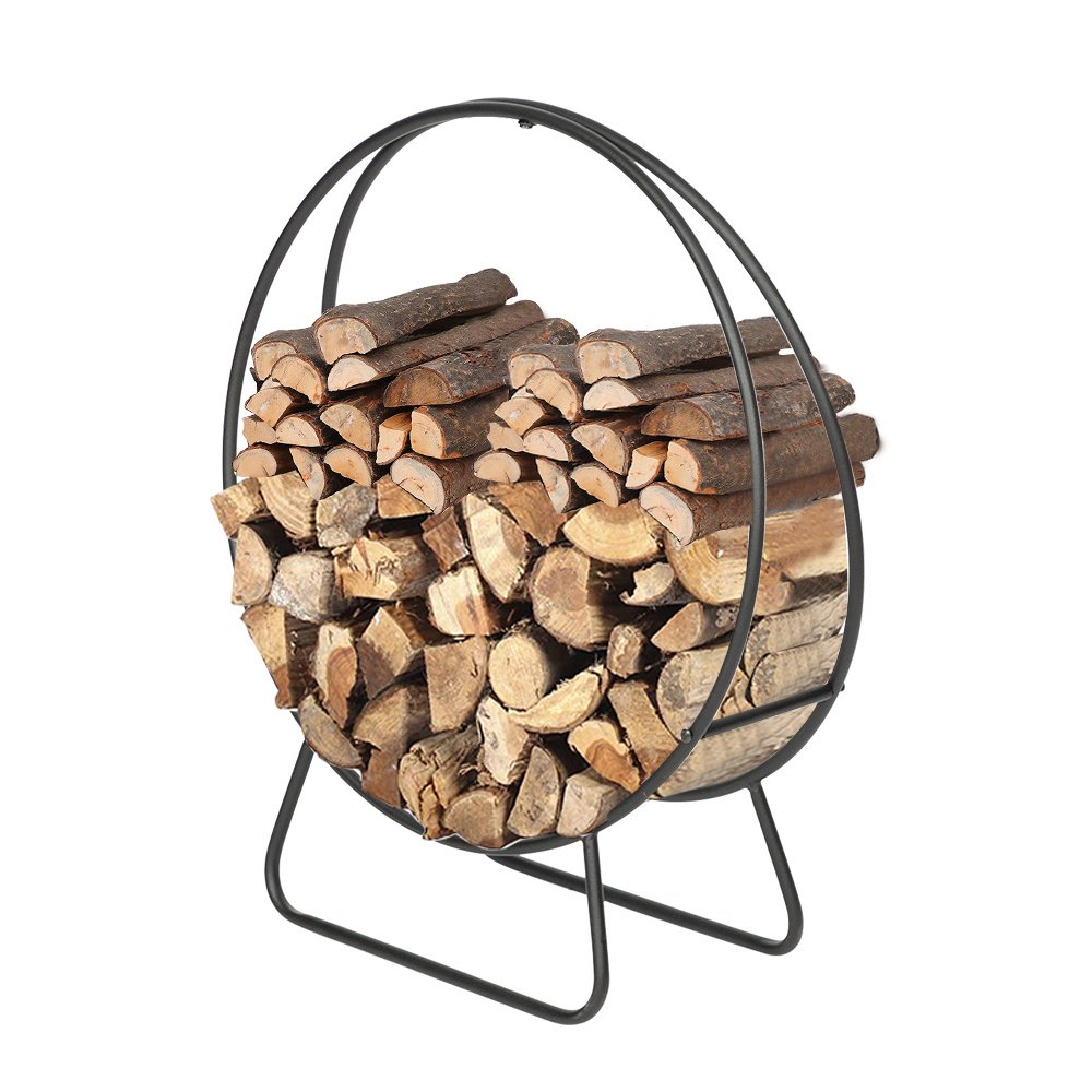 24-Inch Black Steel Indoor/Outdoor Firewood Log Hoop Rack - Round Tubular Metal Wood Storage Holder - Outside and Inside Fireplace Accessory - Black 24-Inch Black Steel Indoor/Outdoor Firewood Log Hoop Rack - Round Tubular Metal Wood Storage Holder - Outside and Inside Fireplace Accessory - Black