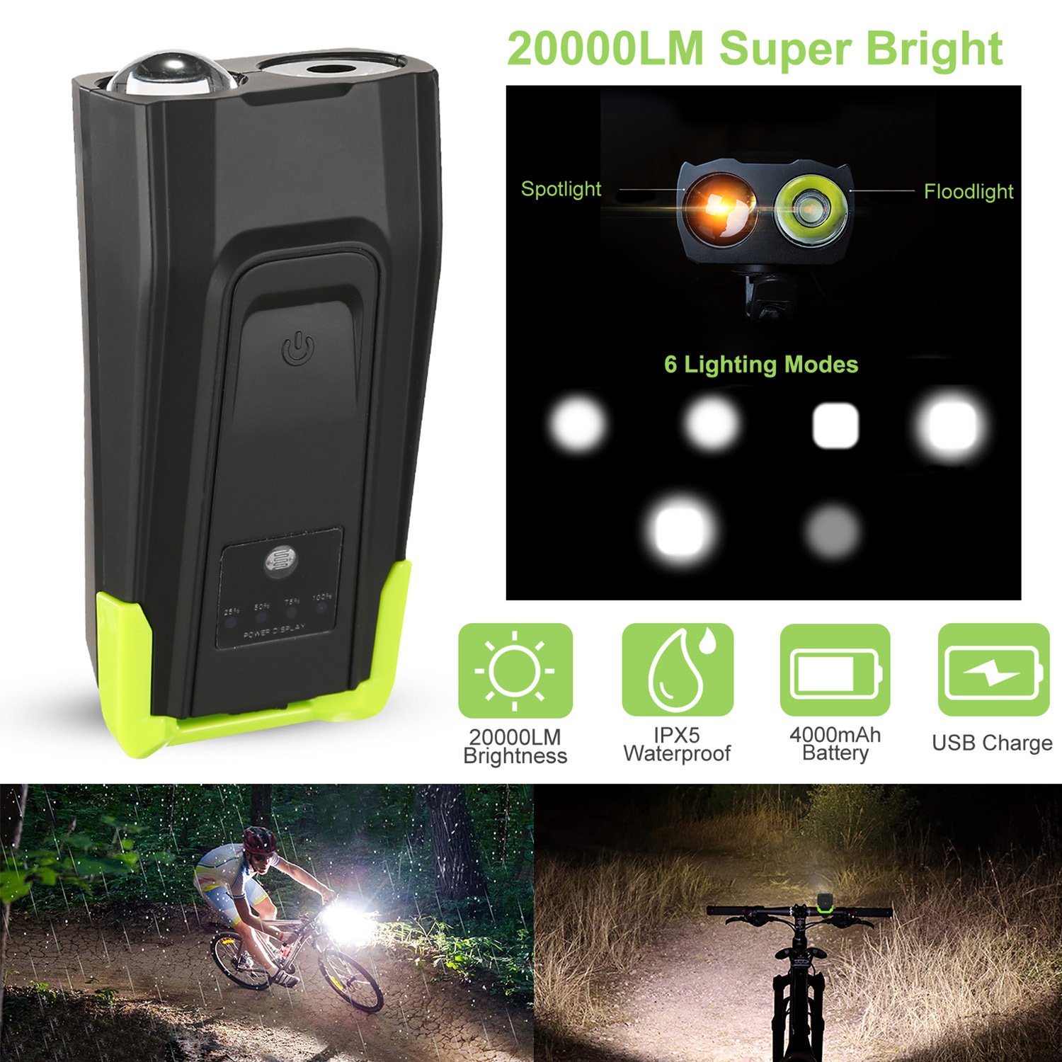 20000LM Bike Front Lights Set Bicycle Headlights w/120dB Loud Horn IPX5 Water-Resistant 4000mAh - Black 20000LM Bike Front Lights Set Bicycle Headlights w/120dB Loud Horn IPX5 Water-Resistant 4000mAh - Black