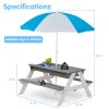 3-in-1 Kids Outdoor Wooden Picnic Table With Umbrella, Convertible Sand & Wate, Gray ASTM & CPSIA CERTIFICATION - as Pic