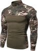 Men's Casual Camouflage T-Shirts Splicing Craft Slim Fit Shirts Zipper Neckline Long Sleeve T-Shirts - Green-XXL