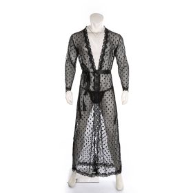 Men's Polka Dot Japanese Kimono Long Silky Lace Bathrobe (Option: Black-S)