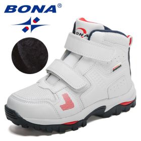 BONA 2021 New Designers Plush Hiking Shoes Children Non-slip Boots Teenagers Trekking Shoes Kids High Top Sneakers Boys Girls (Color: White deep blue red, size: 5)