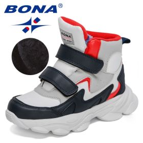 BONA 2022 New Designers High Top Winter Hiking Shoes Children Warm Sports Shoes Boys Non-slip Outdoor Plush Ankle Boots Girls (Color: White deep blue red, size: 3)
