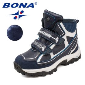 BONA 2022 New Designers Winter Snow Warm Boots Children Plush High Top Hiking Shoes Boys Sneaker Rubber Anti-Slip Footwear Girls (Color: Dweep blue S gray, size: 5.5)