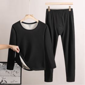 Round Neck Men's Thermal Underwear Fleece-lined Double-sided Brushed Long Johns (Option: Black-XXXL)
